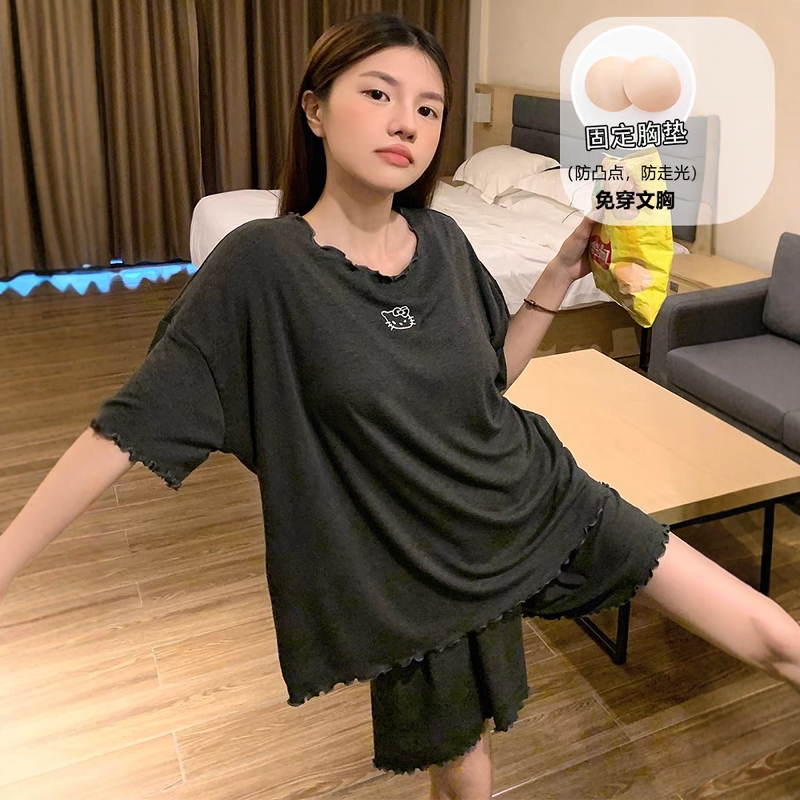 2025带胸垫睡衣女夏季莫代尔套装