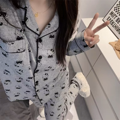睡衣女灰色KT猫卡通带胸垫春秋季