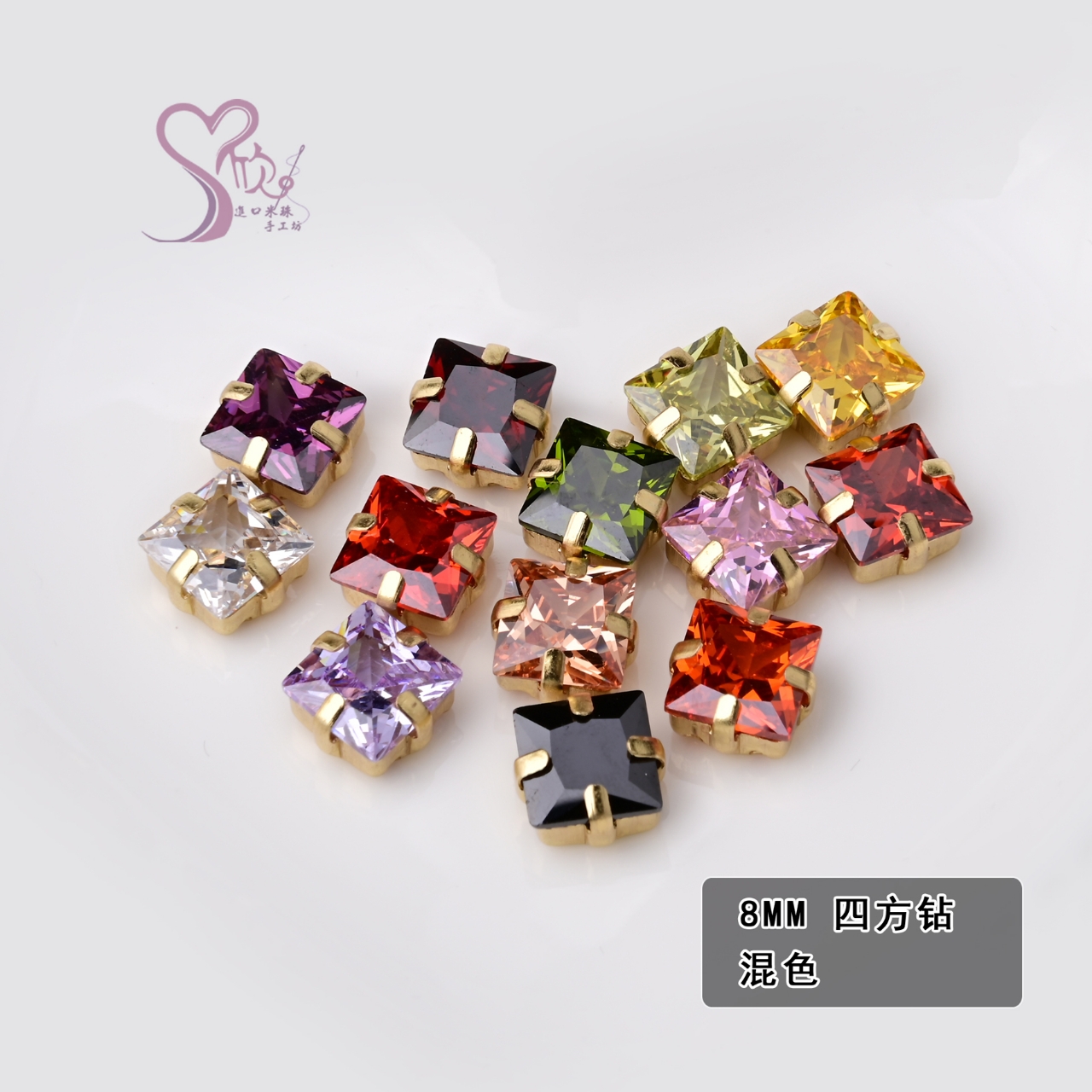 有底四方钻8mm刺绣手缝多切面镂空钻托法锈梨形锆石立方氧化锆