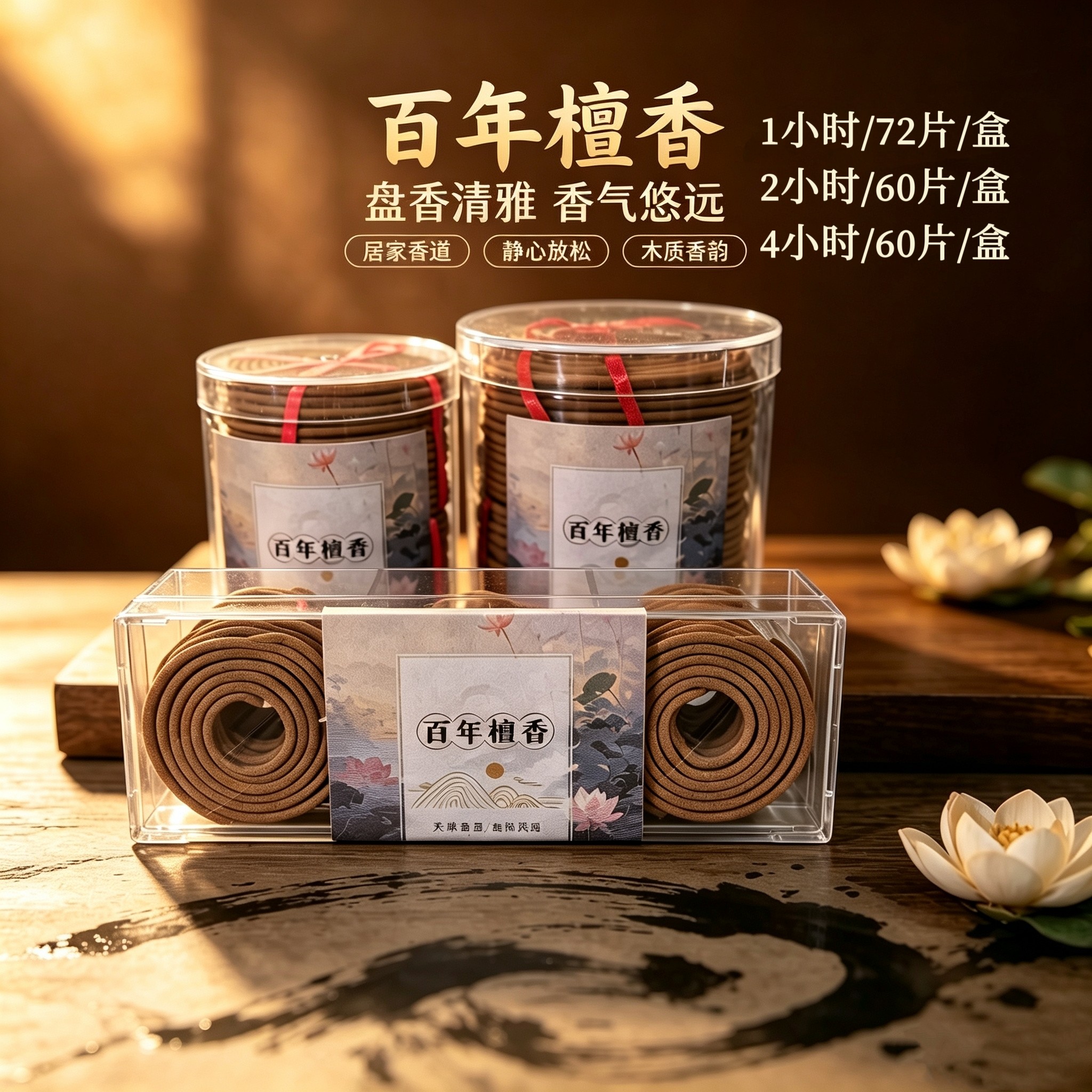 天然西澳檀香盘香居家茶室酒店熏香1小时2小时4小时透明盒装塔香
