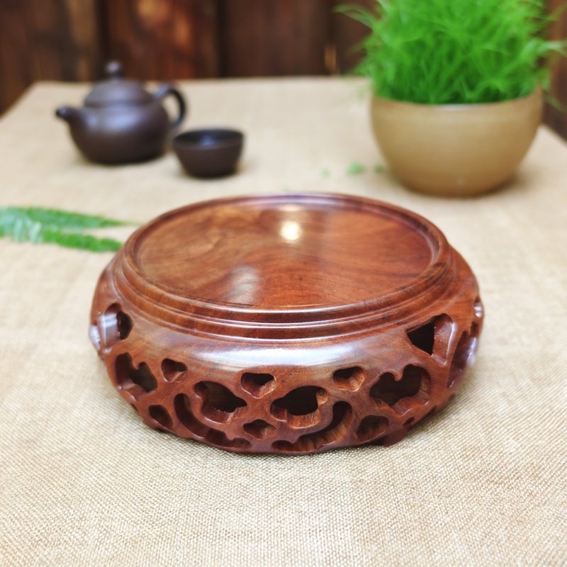 缅甸花梨镂空云海几圆形花瓶佛像底座实木印章玉器奇石摆件底座托