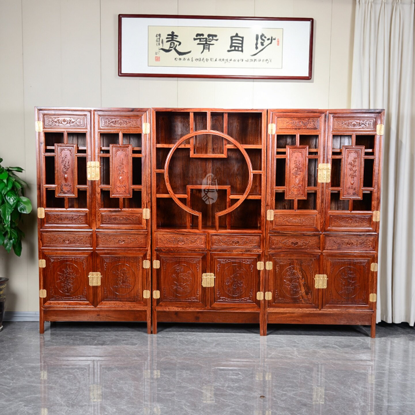 红木家具缅甸花梨木三组合书柜书架正宗大果紫檀实木书柜假一罚十