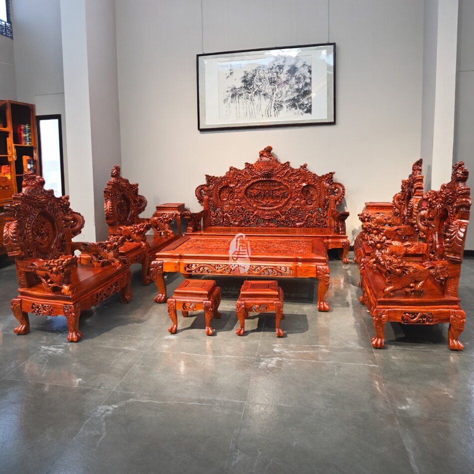 精品红木家具缅甸花梨木2.3米宝鼎雕花实木沙发客厅组合大果紫檀