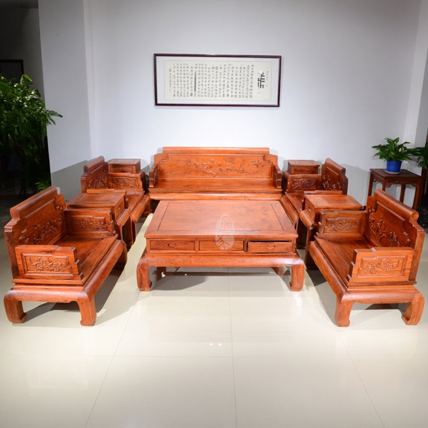 红木家具缅甸花梨木厚板雕花十件套沙发板厚5公分正宗大果紫檀