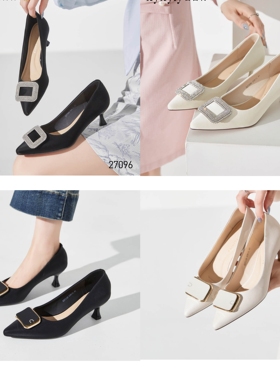 香香莉27096方扣金属中跟鞋女2024秋季新款软皮浅口细跟单鞋27110