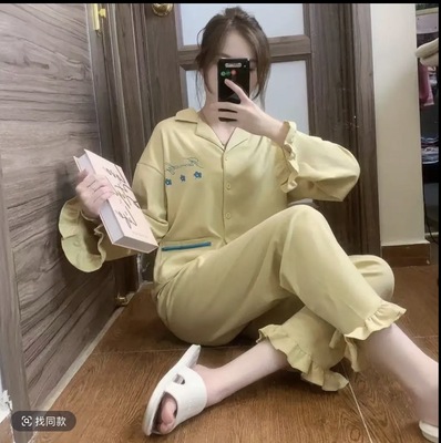 139#【长袖长裤无胸垫】双面纯棉加厚纯色女士开衫睡衣套装家居服