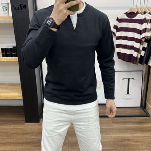 时尚 卫衣简约双层领撞色春夏潮流新款 套头上衣 韩版 假两件圆领男士