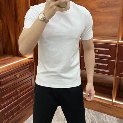 夏季男士纯色百搭短袖修身潮流白色棉质体恤弹力舒适柔软t恤上衣