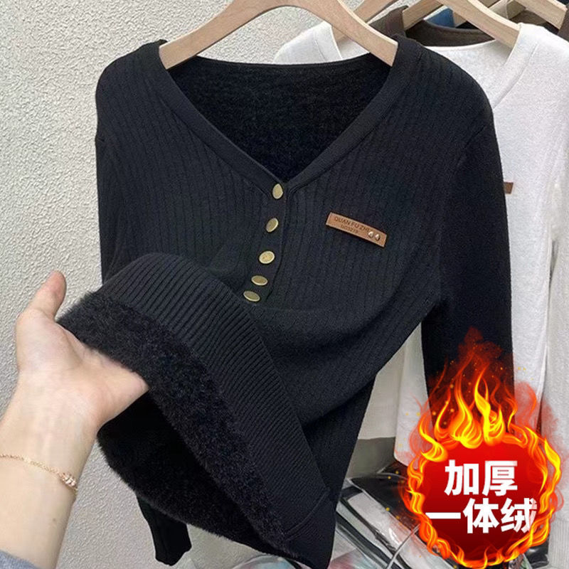 加绒加厚一体绒毛衣百搭针织打底衫女内搭秋冬季洋气修身v领上衣