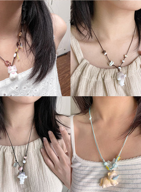 2026新款植绒猫咪吊坠编绳项链萌趣可爱吃鱼小猫长款可调节毛衣链