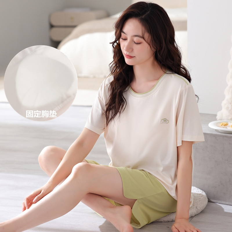 夏季女士带胸罩莫代尔睡衣高档高颜值可外穿短袖短裤居家服套装