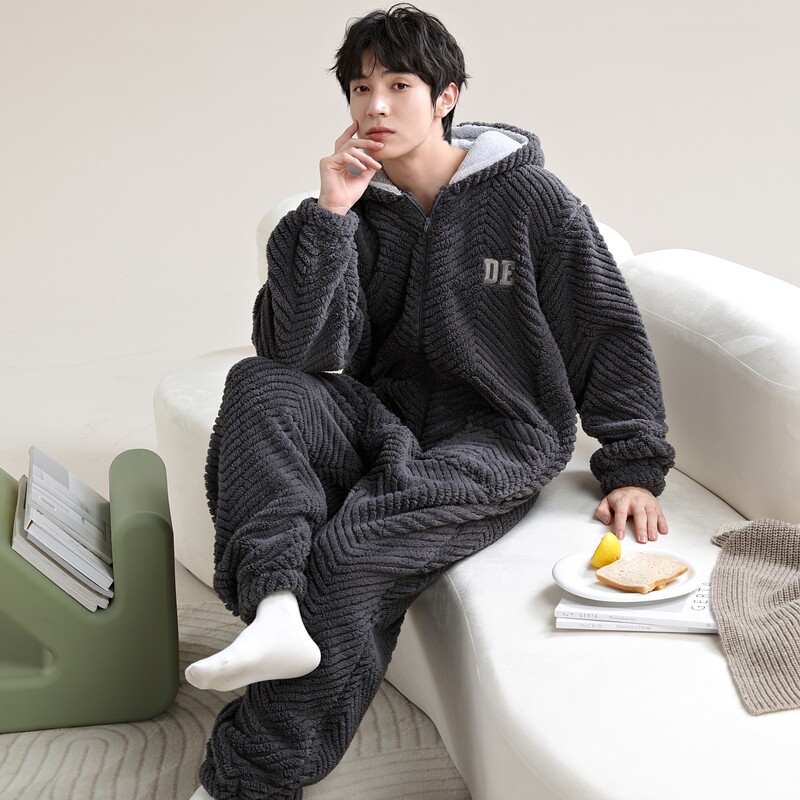 冬季连帽连体睡衣男珊瑚绒保暖一体式睡眠衣秋冬加绒加厚家居服男