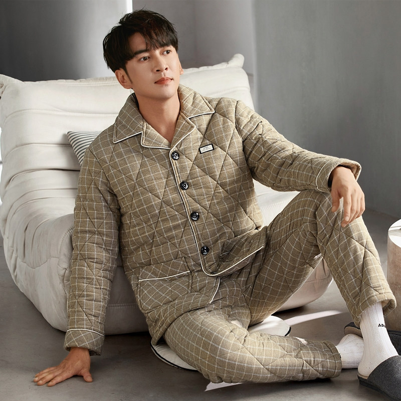 三层夹棉格子男士睡衣冬季加厚加绒中年爸爸厚棉袄保暖家居服套装
