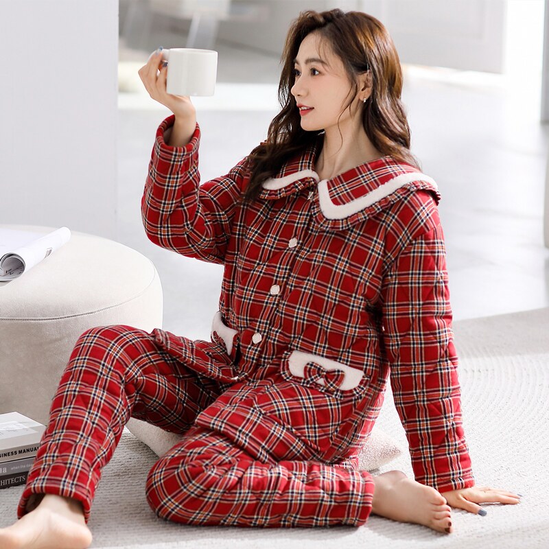冬款格子棉袄睡衣女保暖中年妈妈