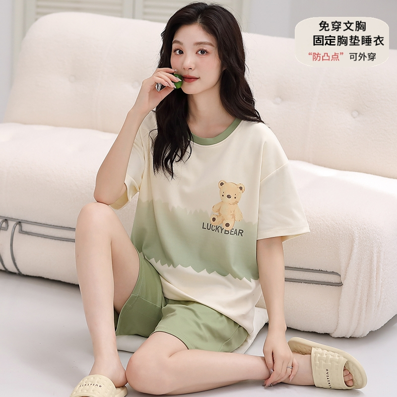 带胸垫睡衣女纯棉100%全棉夏季薄款短袖套装睡裙女款爆款2025新款