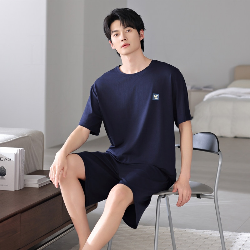 夏天莫代尔男士睡衣薄款透气短袖短裤宽松休闲凉感夏季家居服套装