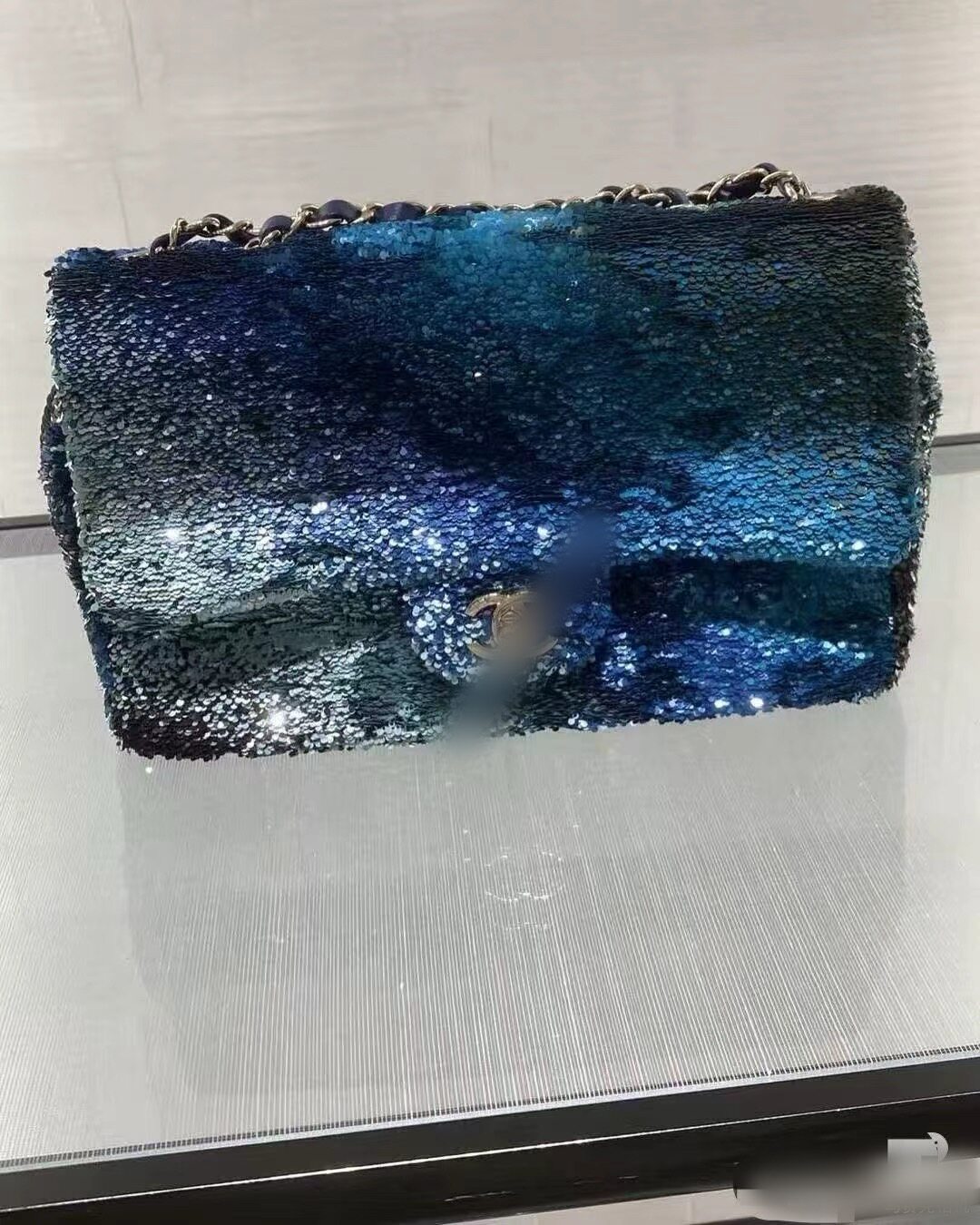 渐变色蓝色小香风25p刺绣亮片CF超闪亮片珠片包单肩斜挎链条包