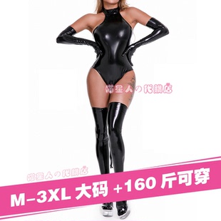 漆皮镜面连体套装 3xl牵引绳紧身亮面搜查官塑身衣 女日系黑色大码