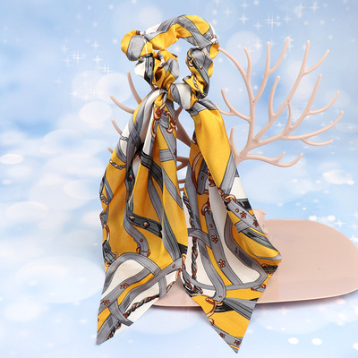 飘带欧美长款方巾丝绸链条马尾