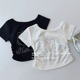 女童甜酷风夏季新品纯棉短袖斜露肩设计Kitty猫烫钻t恤打底衫上衣