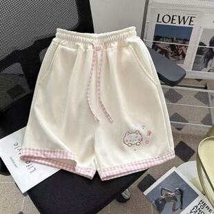 中大童裤 新款 百搭宽松拼接格子短裤 女 子小狗刺绣可爱甜美休闲夏季
