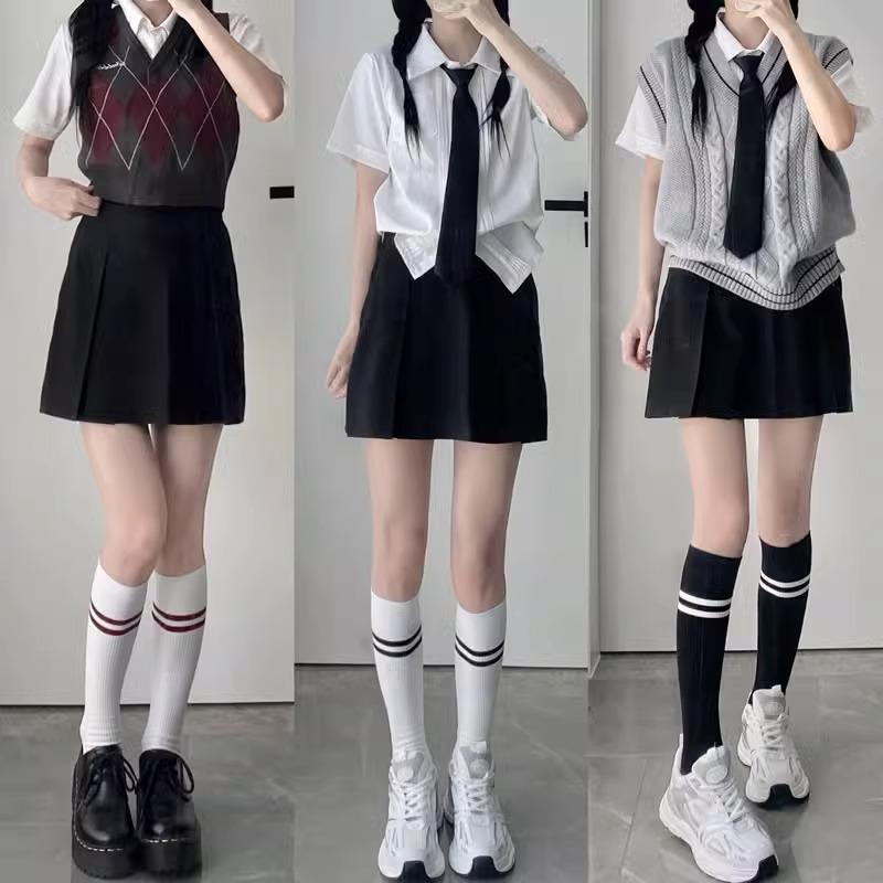 春秋日系jk学院风条纹小腿袜女ins针织运动潮袜百搭显瘦中筒袜棉