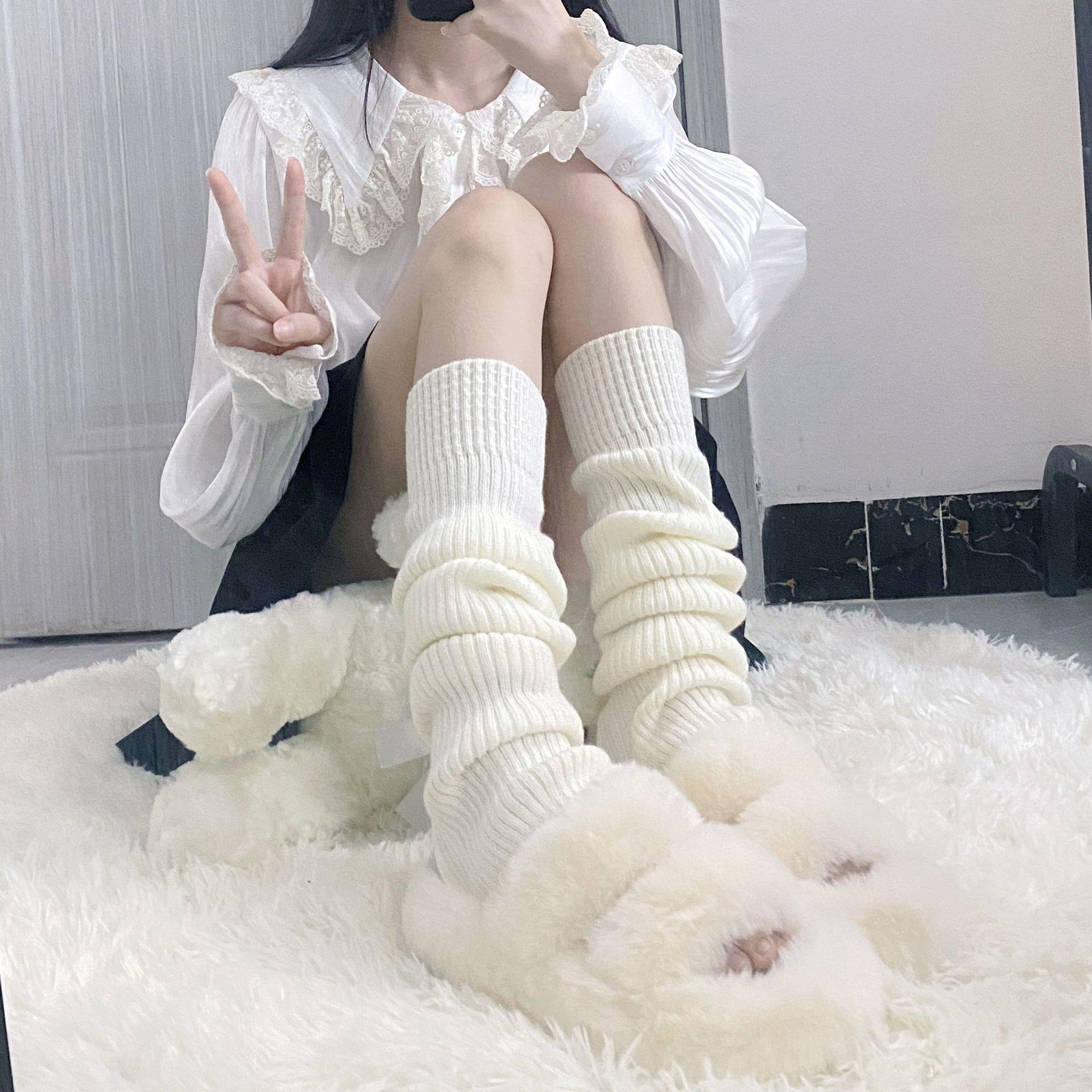 秋冬保暖日系腿套辣妹jk中筒白色针织腿套堆堆袜子女过膝踩脚袜套