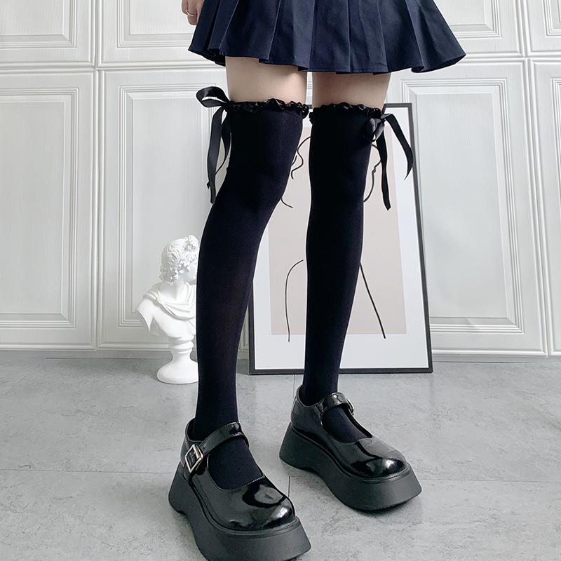 Lolita甜美少女高筒袜天鹅绒缎面花边绑带长筒袜jk学院风过膝袜