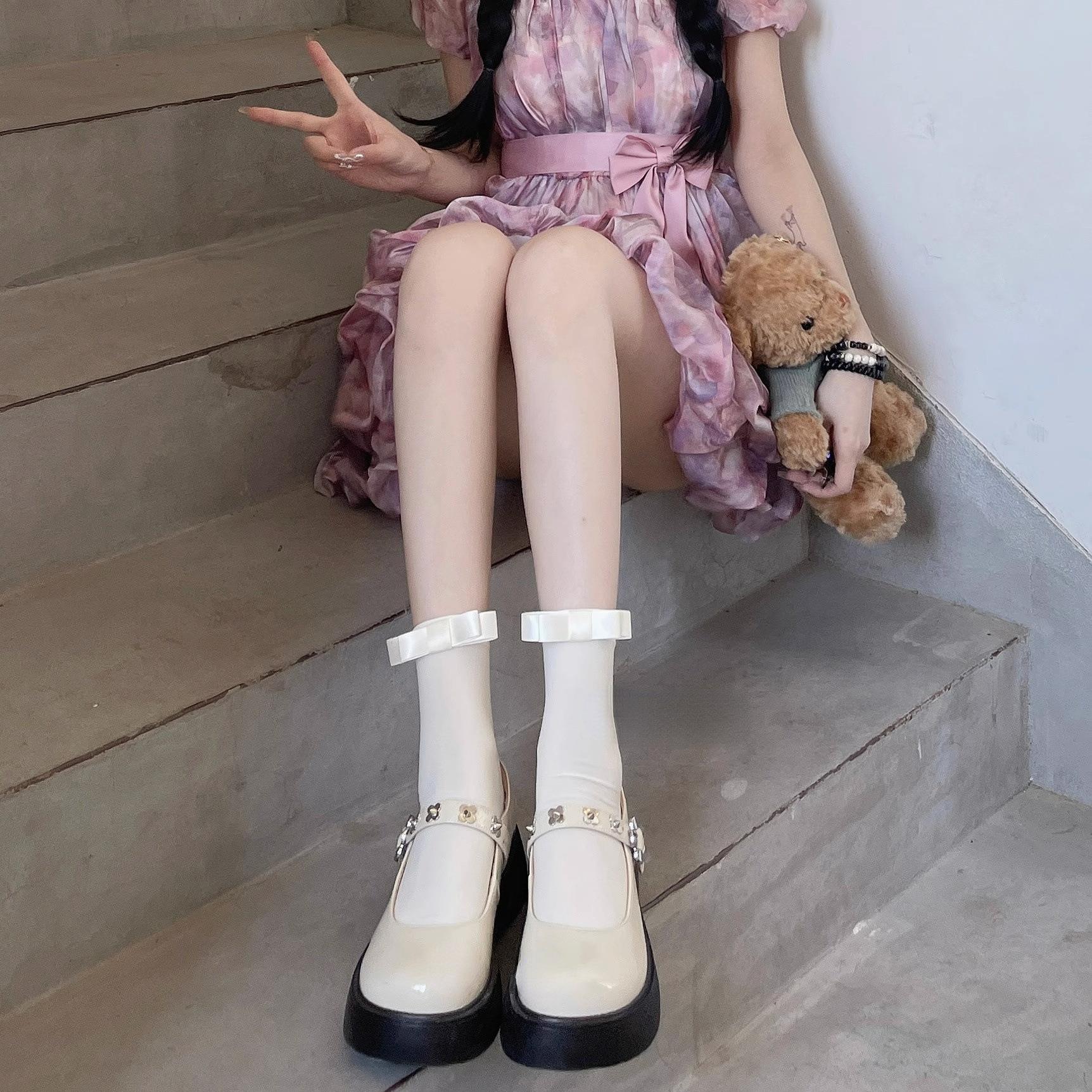 春夏日系jk学院风纯欲洛丽塔中筒袜蝴蝶结可爱甜美少女风小腿袜