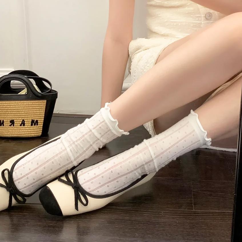木耳边袜子竖条波点爱心蕾丝中筒袜jk薄款镂空堆堆袜子芭蕾风袜子