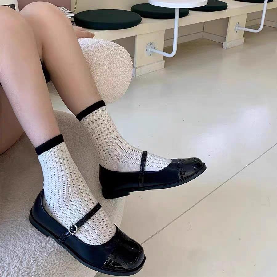 夏季薄款镂空透气jk堆堆袜学院风百搭黑色日系黑白拼色小腿袜短袜