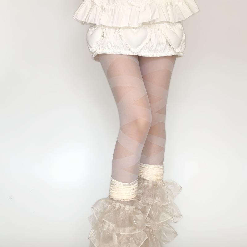 y2k亚文化辣妹黑白色绷带连袜过膝丝袜子女绑带堆堆洛丽塔裤薄款