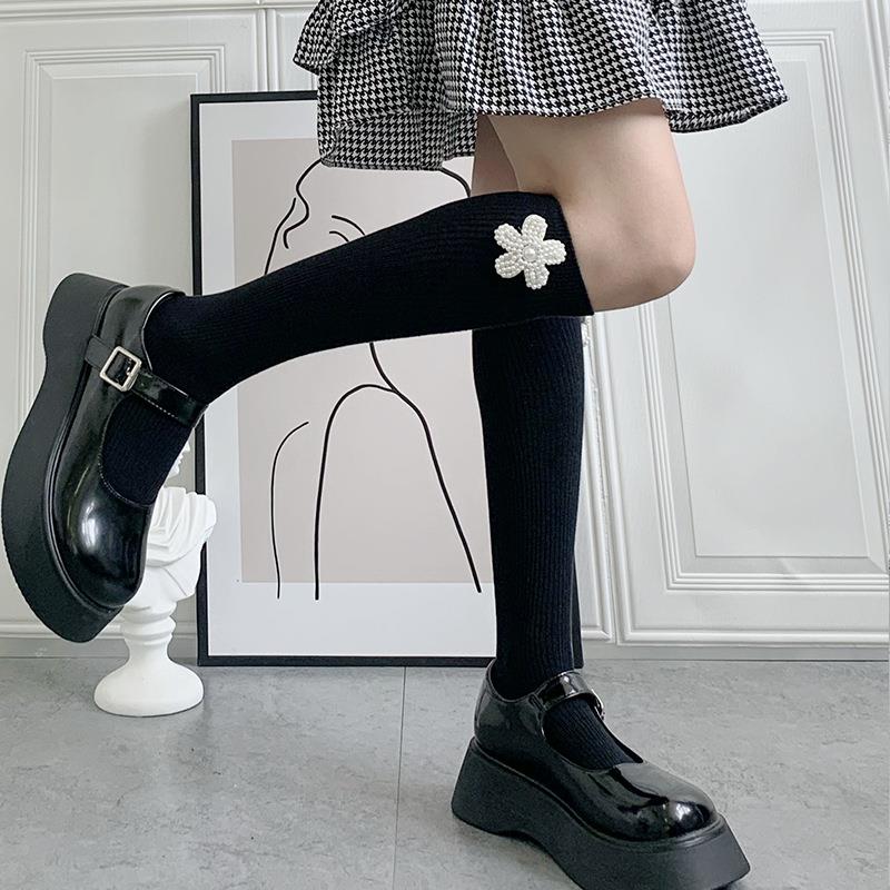 ins潮走秀款小花珍珠黑色棉袜日系jk中筒袜甜美少女中短袜小腿袜