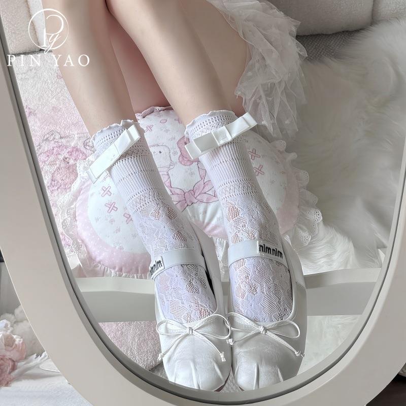 蝴蝶结镂空短筒袜夏薄款白色百搭袜子女芭蕾风jk小腿袜搭配玛丽珍