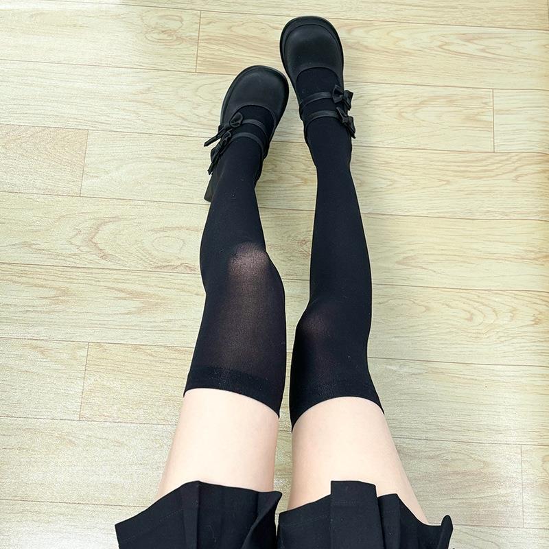 春夏薄款日系jk袜子女可爱天鹅绒黑色中长筒瘦腿袜过膝纯色高筒袜