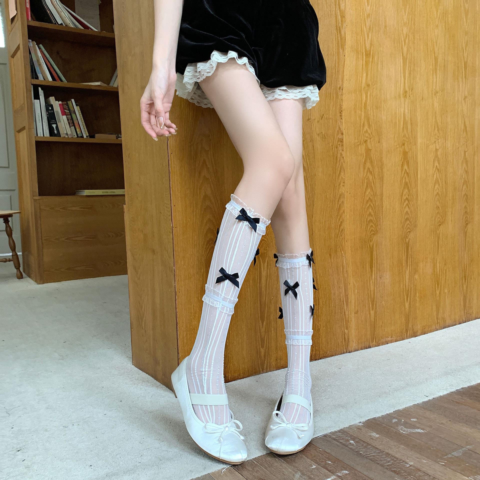 春夏芭蕾风透气蕾丝花边jk中短筒袜子女黑白蝴蝶结银丝网纱小腿袜