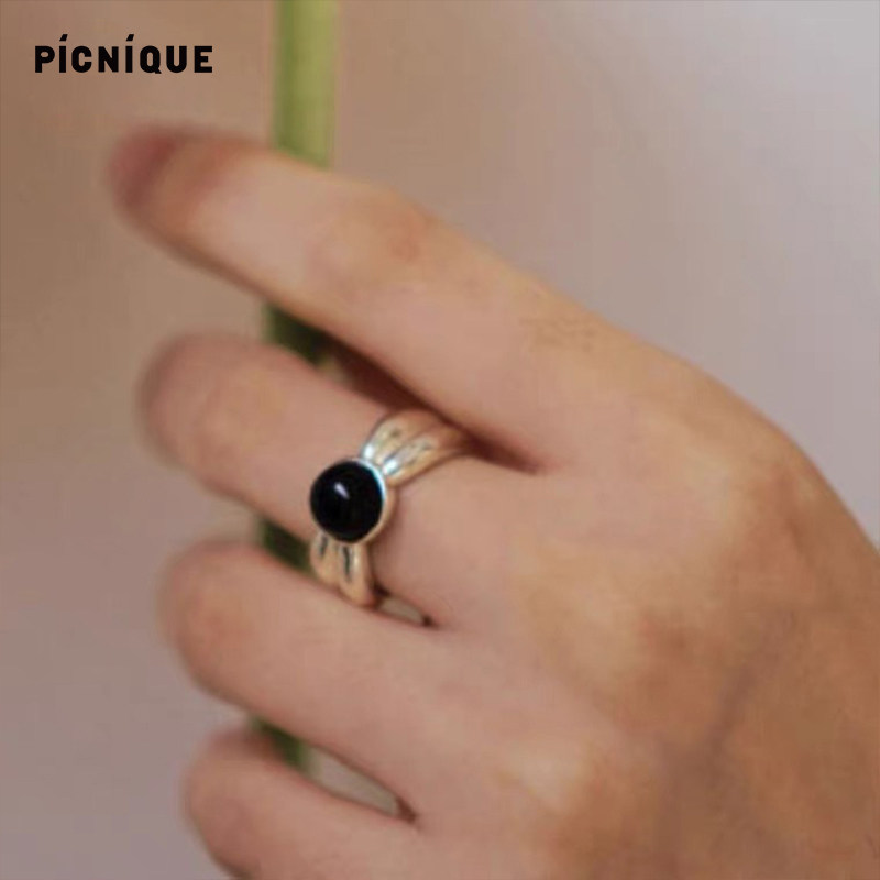 Picnique 925纯银复古黑玛瑙简约领结型小众设计原创设计师戒指