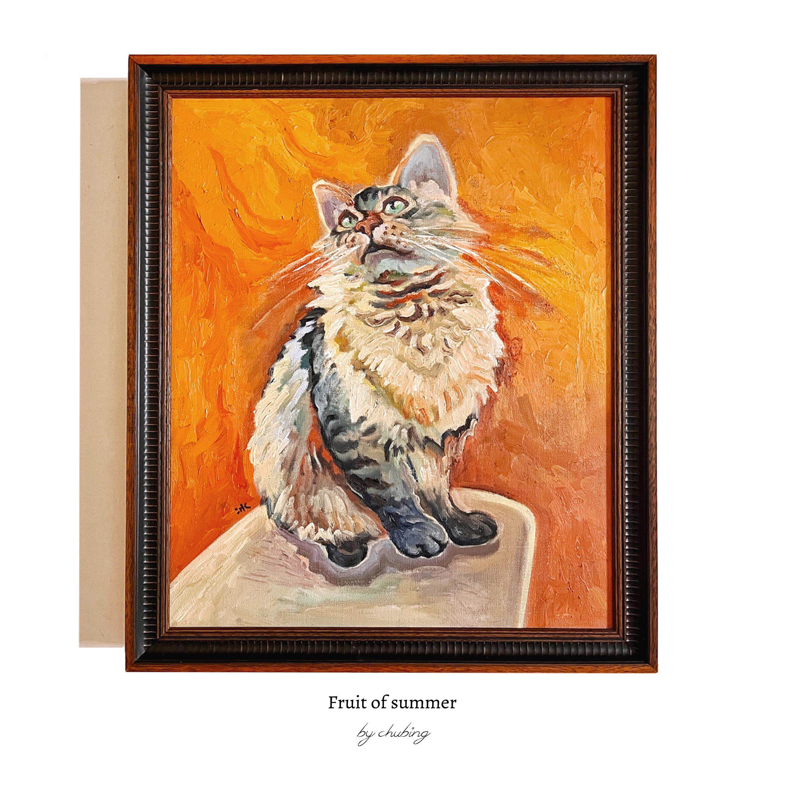 售罄欣赏-收藏《一只猫》油画艺术家签名卧室书房装饰画已装裱