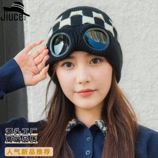 亚马逊欧美款秋冬季男女防风镜加绒滑雪帽针织保暖护目眼镜毛线帽