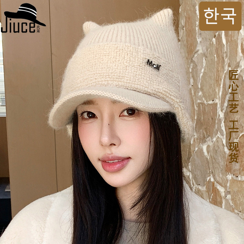 卡通猫耳朵兔毛棒球帽韩国新款女生秋冬天户外保暖加绒针织鸭舌帽