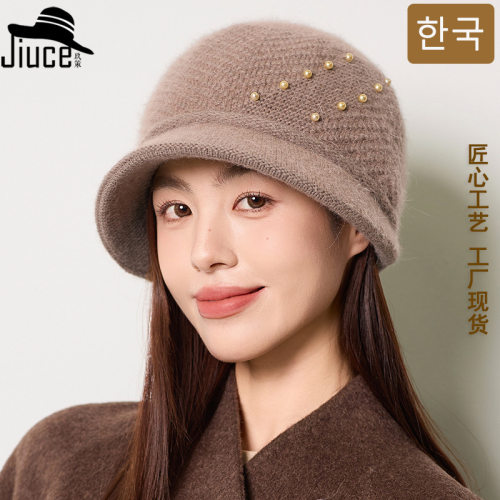 妈妈兔毛帽2025秋冬天新款轻奢珍珠加绒针织盆帽中老年护耳保暖帽