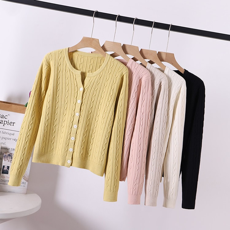 春秋新款针织衫女开衫简约大方圆领长袖麻花毛衣外套秋装百搭上衣