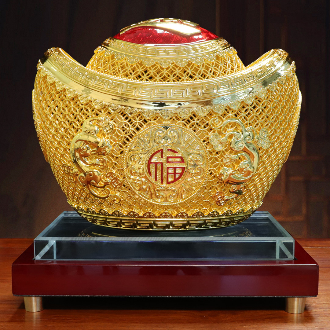 黄铜花丝元宝摆件招财铜元宝黄金万两家居客厅玄关装饰品开业礼品