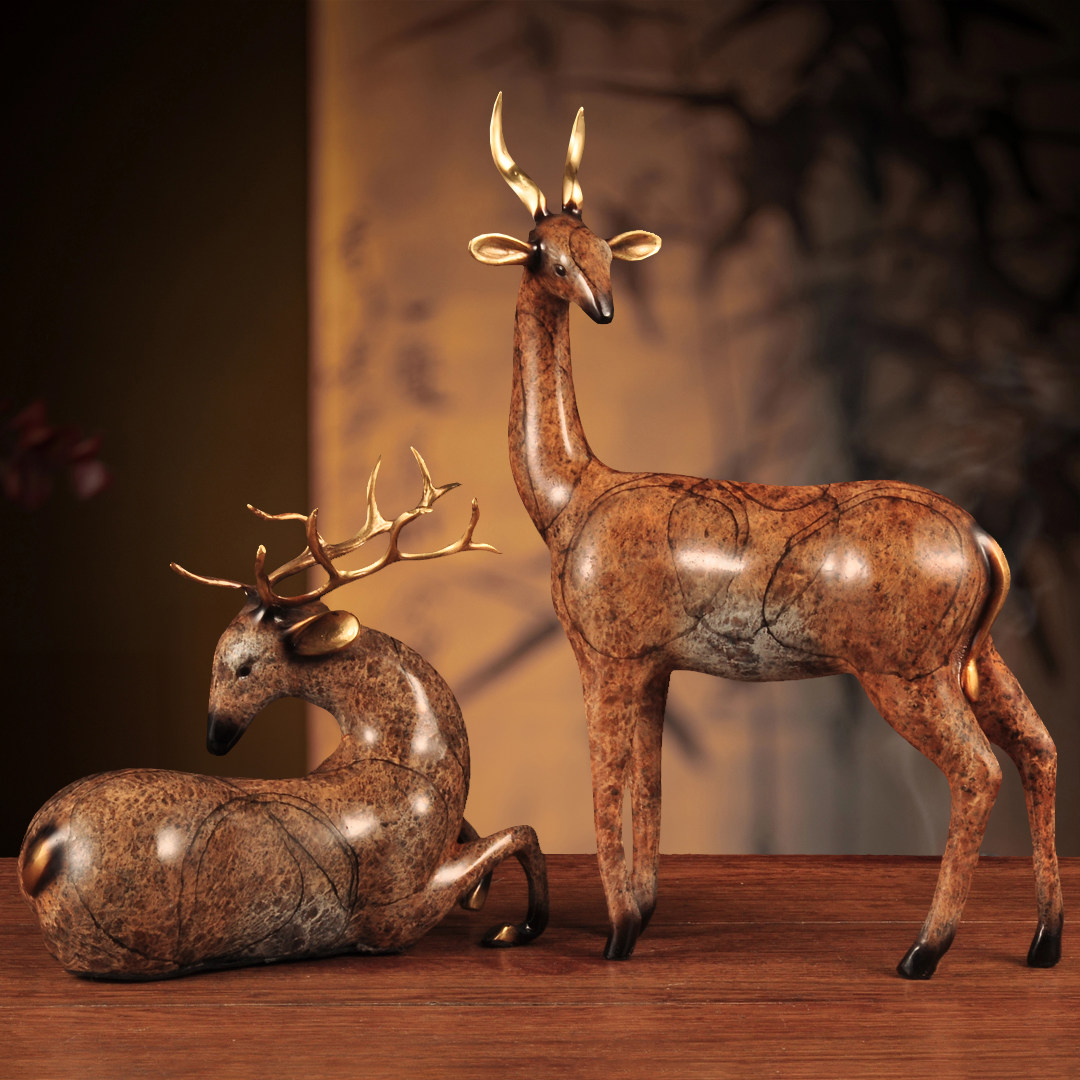 彩铜梅花鹿摆件一对招财站鹿卧鹿家居客厅电视柜装饰品乔迁礼品