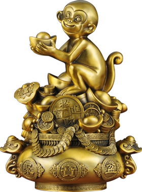 黄铜金猴聚宝盆摆件招财生肖猴风