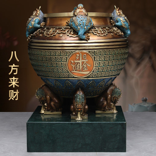彩铜招财聚宝盆摆件八方来财金蟾聚宝盆家居客厅玄关办公室装饰品