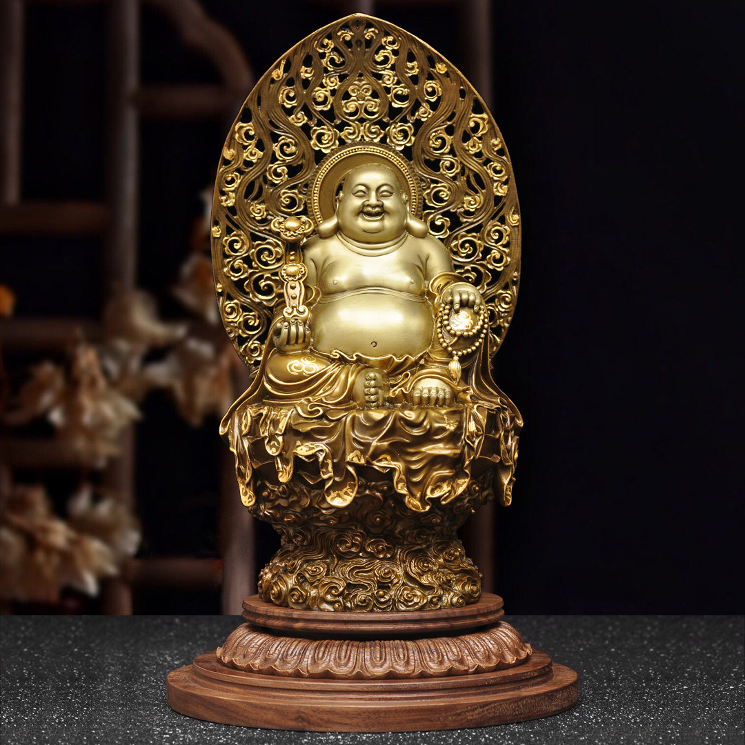 黄铜招财弥勒佛摆件笑口常开大肚笑佛居家客厅寺庙佛堂供奉佛像