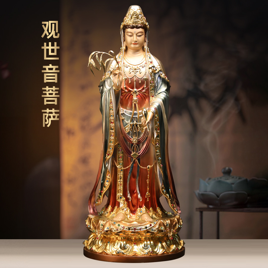 黄铜台湾珐琅彩观音像摆
