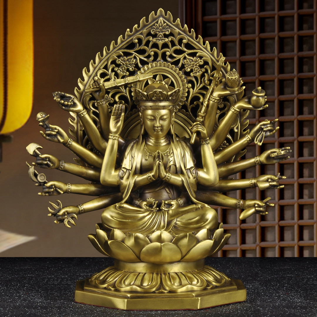 纯黄铜千手准提菩萨佛像十八臂准提佛母坐莲铜像家用寺庙佛堂供奉