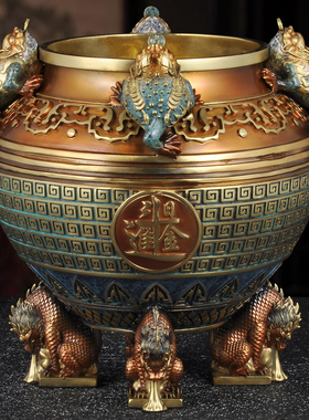 黄铜聚宝盆摆件招财金蟾聚宝缸四方来财日进斗金财位摆放开业送礼